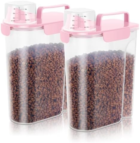5-7Lbs Dog Cat Food Storage Container with Upgraded Large Nozzle BPA-free, 4 Snap Seals Plastic Pet Food Storage Containers with Handles (2, Light Pink, 5L)