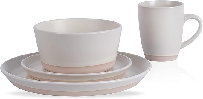 Stone Lain Jules Stoneware Dinnerware, Plates and Bowls, Dish Set for 4, Off White, Microwave & Dishwasher Safe, 16-Piece