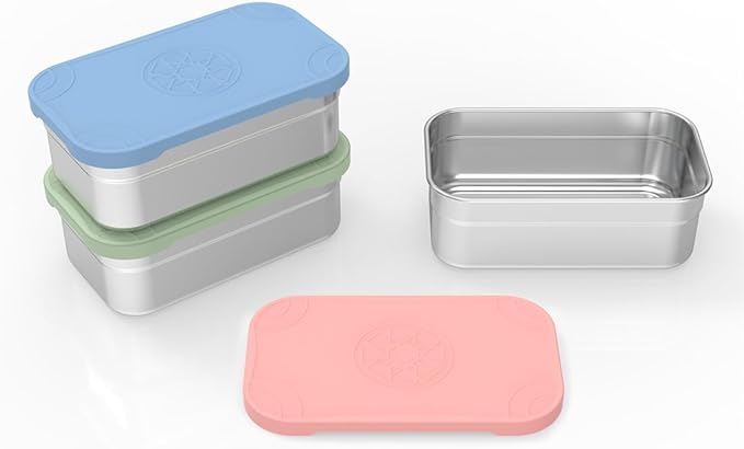 Caperci 3-Pack Large Stainless Steel Snack Containers with Silicone Lids - 15oz Reusable Small Food Storage Deli Containers for Snacks & Meal Prep, Leak-Proof, Easy Open & BPA-Free (440ML)