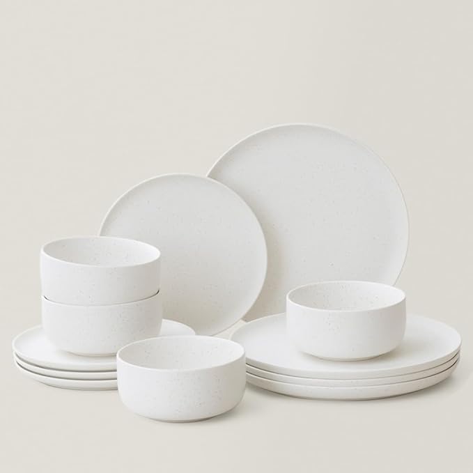 Stoneware Plates and Bowls Set - 12pcs Reactive Glazed Dinnerware Service for 4, Scratch & Chip Resistant (Nacre White)
