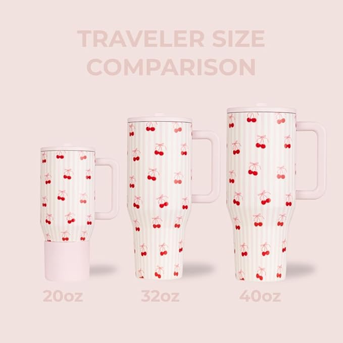 HydroJug Traveler - 40 oz Water Bottle with Handle & Flip Straw - Fits in Cup Holder, Leak Resistant Tumbler-Reusable Insulated Stainless Steel & Rubber Base - Gifts for Women & Men, Sweet Cherry