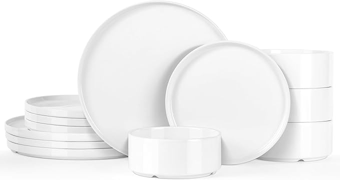 12 Pcs White Dinnerware Set for 4, Porcelain Kitchen Plates and Bowls Set, Ceramic Chip and Scratch Resistant Dishs Set - Dishwasher & Microwave Safe, QOMO-1996