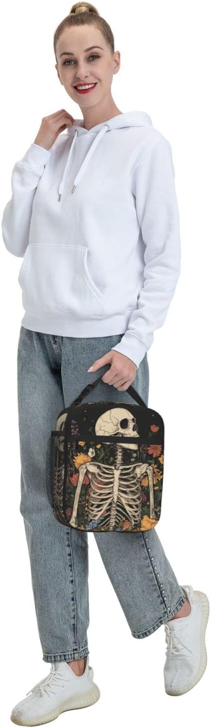 SUPLUCHOM Lunch Bag Skeleton Flower Skull Vintage Insulated Box Reusable with Side Pocket for Girl Boy Women Men Work School Picnic Hiking Daytrip Over 3 Years Old