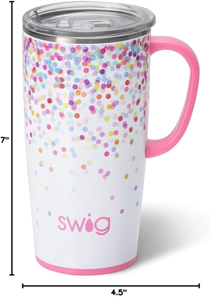 Swig Life 22oz Travel Mug, Insulated Tumbler with Handle and Lid, Cup Holder Friendly, Dishwasher Safe, Stainless Steel, Travel Coffee Cup, Insulated Mug with Lid (Confetti)