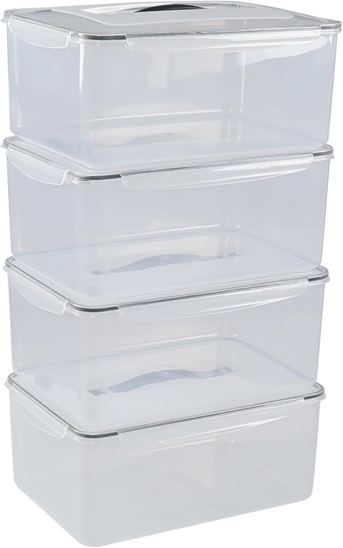 15 L Rectangular Plastic Clear Airtight Food Storage Containers with Latch Lid, 4 Pack Rectangle Food Storage Container with Portable Handle
