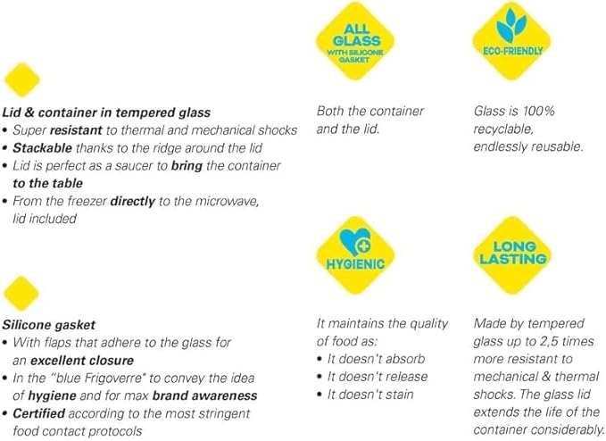 Bormioli Rocco Frigoverre Future Set Of 2 14.25 oz. Square Food Storage Container, Made From Durable Glass, Dishwasher Safe, Made In Italy, 2 Pack.