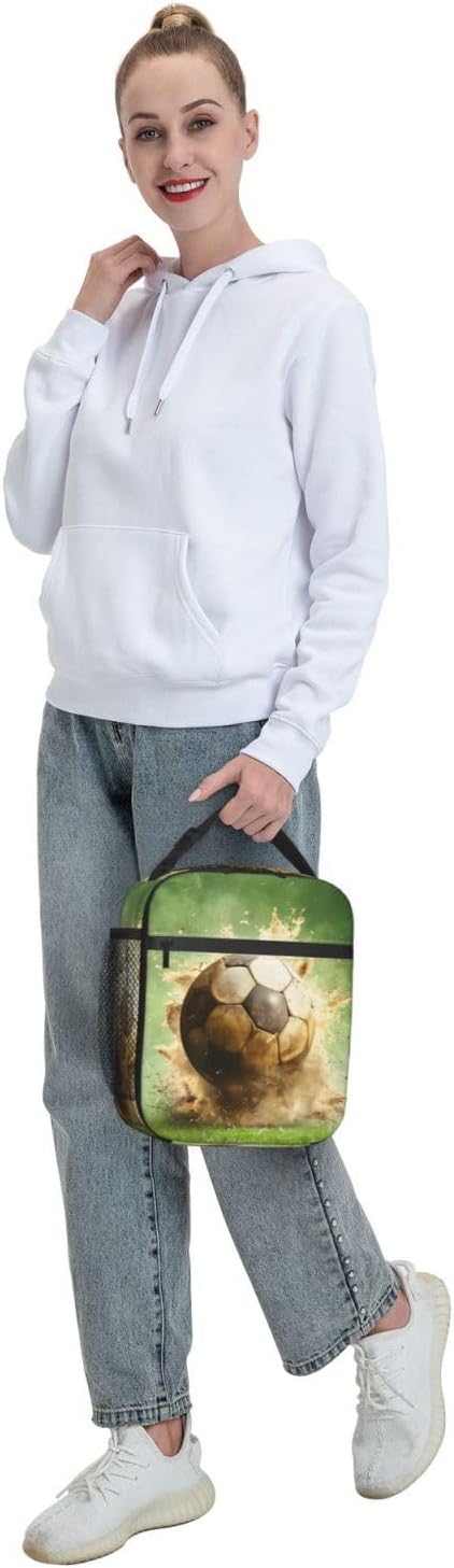Soccer Insulated Lunch Box for Women Men Soccer Lunch Bag for Travel,or Fishing Polyester Soccer Lunch Box
