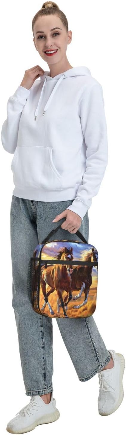 Running Horse Lunch Box for Women Men Boys Kids, Insulated Cooler Beautiful Horse Lunch Bag for School, Picnic, Office, Travel, Work, Portable Reusable Polyester Thermal Tote Lunch Bags