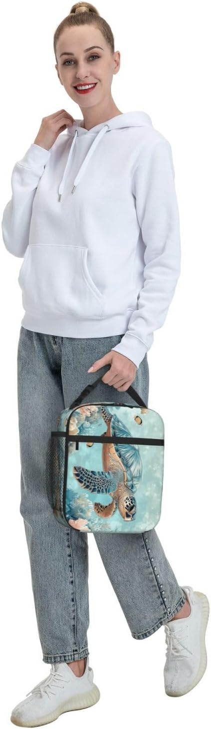 SUPLUCHOM Lunch Bag Turtle Sea Coral Ocean Insulated Bento Box Cooler with Side Pocket for Girl Boy Women Men Work School Picnic Hiking Daytrip