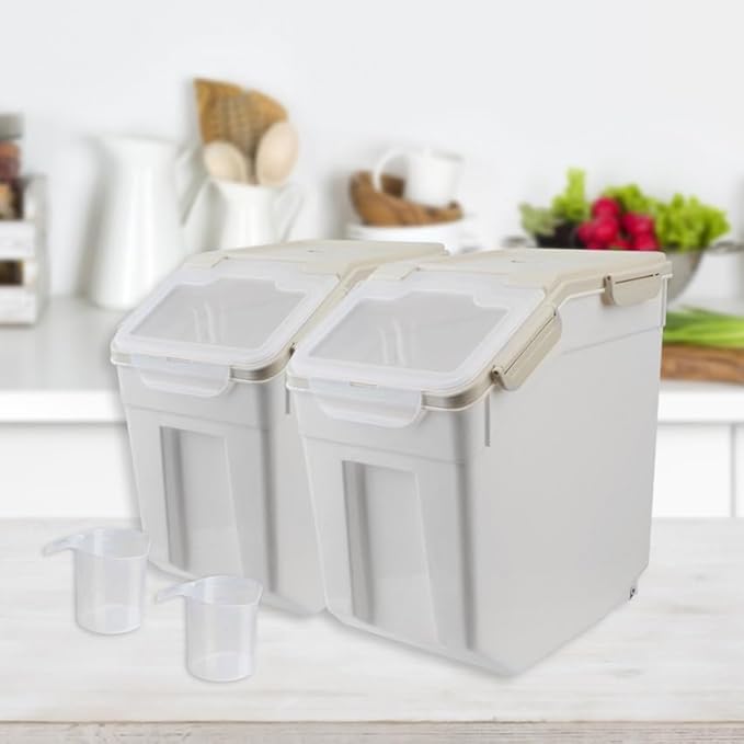 2 Pack Rice Storage Container with Measuring Cup 50 lb Flour Storage Container with Wheels, BPA Free Food Storage Container Dog Cat Food Bin Set for Dry Food Sugar, Cereal(Gray)
