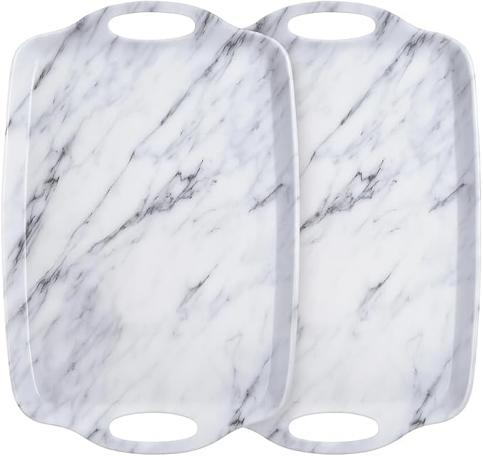 TP Serving Trays with Handles, 17 Inch Large Rectangular Melamine Serving Platter Set of 2, White Marble