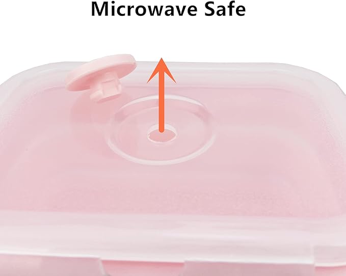 CCyanzi 3piece Collapsible Food Storage Containers with Lids, Silicone Lunch Container, Microwave & Freezer Safe, Space Saving for Kitchen Cabinet and Camping Backpack,(pink)
