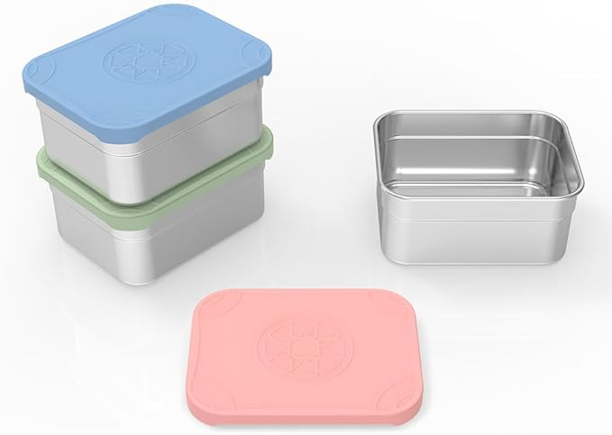 Caperci 3-Pack Stainless Steel Snack Containers with Silicone Lids - 10oz Reusable Small Food Storage Containers for Snacks & Deli Foods, Leak-Proof, Easy Open & BPA-Free (290ML)