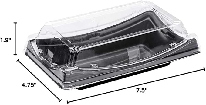 Restaurantware Roku 7.5 x 4.75 Inch Sushi Trays 100 Disposable Sushi Containers With Lids - Short Take Out Containers For Appetizers Entrees or Desserts Black Plastic To Go Containers