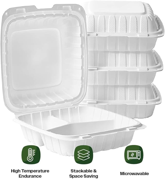 CIAO! 8"x8"x3" MFPP White Hinged Container With Lid 3 Compartment (Case of 200)