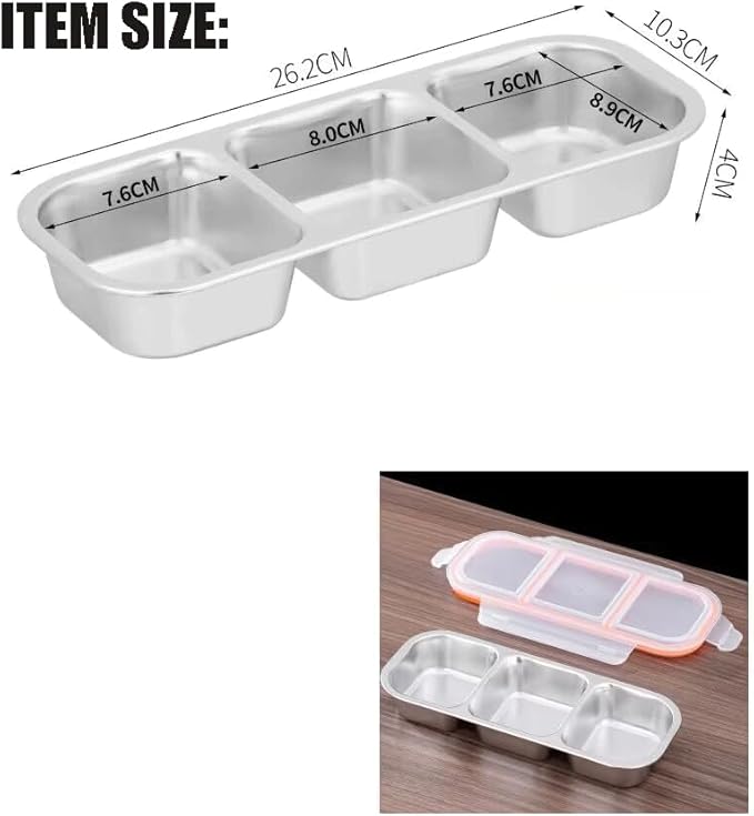 Stainless Steel Snack Containers, Reusable Condiment Box with Lids for Kids Adults,3 Compartment Sauce Cups, Divided Food Storage Containers for School, Home, Travel