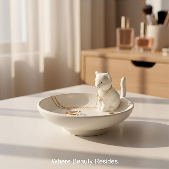 Cat Ring Holder White Room Decor, Cat Jewelry Holder, Ceramic Jewelry Tray Trinket Bowl, Ring Dish Tower Rack for Women,Home Decoration Gift for Mom,Gift for Birthday, Christmas, Halloween