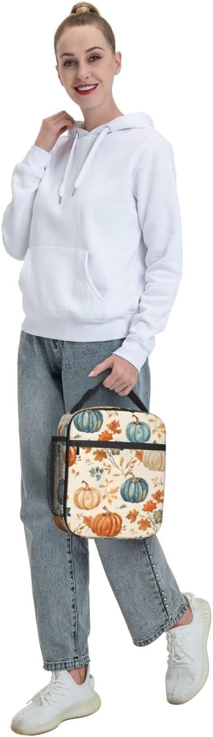 Autumn Pumpkin Lunch Box for Women Girls, Insulated Cooler Fall Leaves and Pumpkins Lunch Bag for School, Picnic, Office, Travel, Work, Portable Reusable Polyester Thermal Tote Lunch Bags