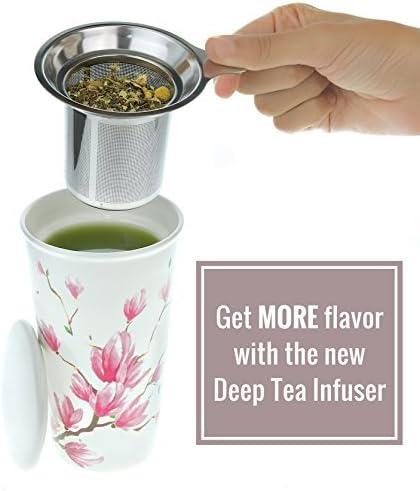 Willow & Everett 16oz Double-Walled Ceramic Tea Cup with Infuser and Lid. Tall Coffee Mugs - Magnolia Finish