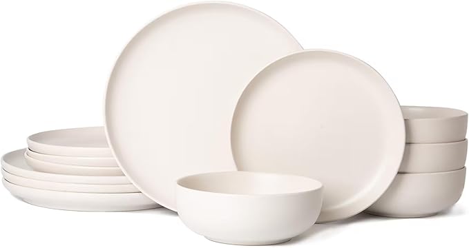 12-Piece Matte White Dinnerware Set,Stoneware Dinnerware for 4, Microwave & Dishwasher Safe, Stackable Design for Kitchen and Dining - Plates and Bowls