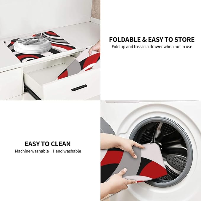 Red Black White and Grey Swirl Microfiber Dish Drying Mats, Absorbent Modern Decorative Kitchen Counter Mat, 16 x 18 inch, Polyester, Washable, Reusable, Foldable, for Dishes Utensils Small Appliances