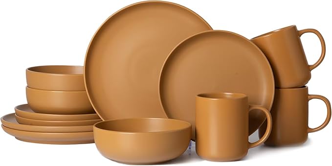 12-Piece Matte Orange Dinnerware Set,Stoneware Dinnerware for 3, Microwave & Dishwasher Safe, Stackable Design for Kitchen and Dining - Plates,Bowls and Mugs