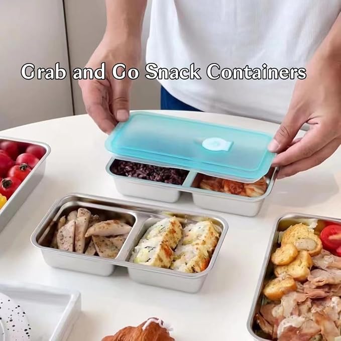 2 Pcs Reusable Food Storage Containers with Lids, Stainless Steel Snack Containers, Condiment Container, Grab and Go Snack Containers for Snacks,Dips,Lunch,Travel and Outdoor Camping