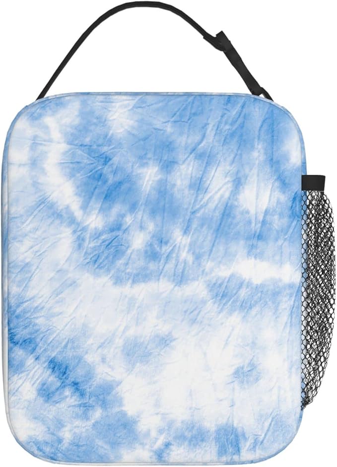 SUPLUCHOM Lunch Box Tie Dye White Blue Art Insulated Bag Reusable with Side Pocket for Work School Picnic Hiking Daytrip Kid Adult Over 3 Years Old