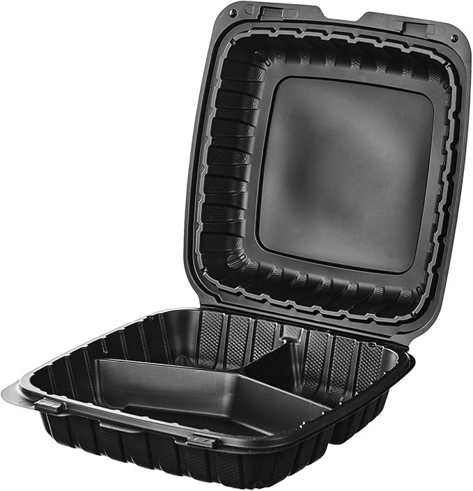 CIAO! 9"x9"x3" MFPP Black Hinged Container With Lid 3 Compartment (Case of 150)