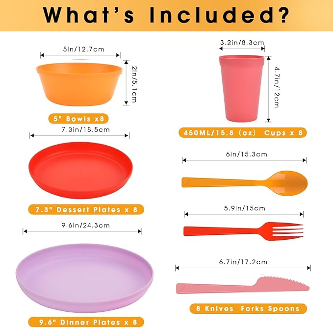 40-Piece Unbreakable Kids Dinnerware Set for Toddlers & Children, BPA-Free & Easy-Clean PP Plates and Bowls, Microwave & Dishwasher Safe, Complete Family Pack (Service for 8)