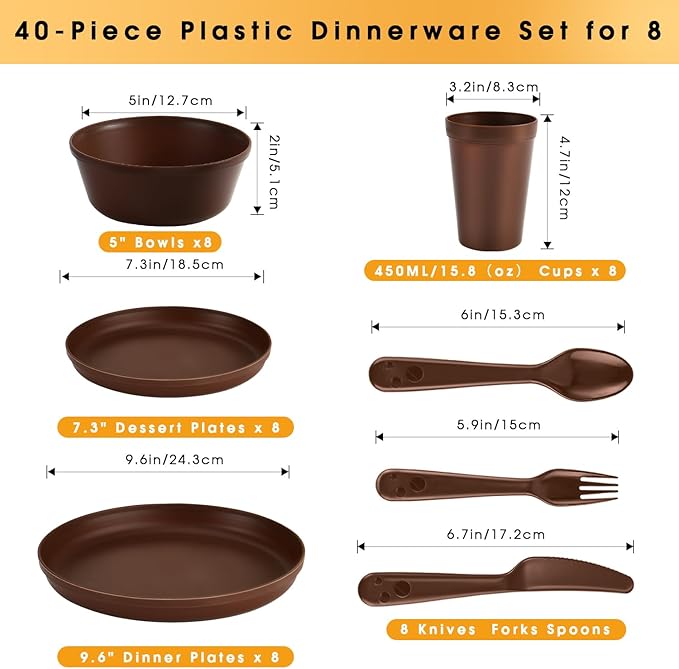 40-Piece Unbreakable Kids Dinnerware Set for Toddlers & Children, BPA-Free & Easy-Clean PP Plates and Bowls, Microwave & Dishwasher Safe, Complete Family Pack (Service for 8)