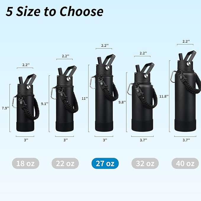 BJPKPK 27oz Insulated Water Bottles with 3 Lids, Paracord Handle & Non-slip Boot, Stainless Steel Metal Water Bottle with Straw, BPA Free Leak Proof Thermo, Tumblers,Black