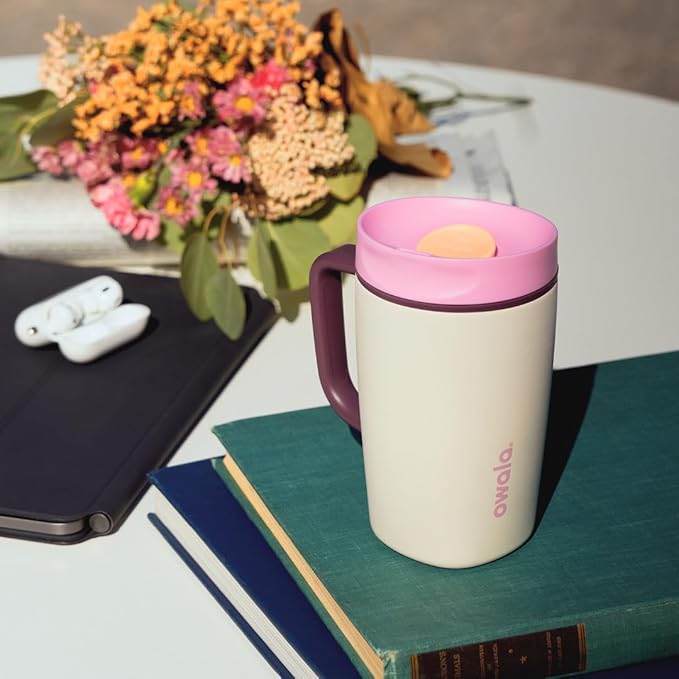 Owala SmoothSip Slider Stainless Steel Insulated Travel Mug, 100% Leak Proof, For Hot and Cold Drinks, Travel Friendly with Sliding Lock Lid, 12oz, BPA Free, Leak Proof, Pink/Tan (Daybreak)