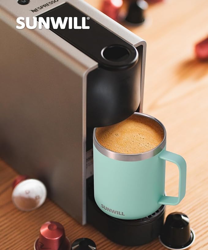 SUNWILL Travel Coffee Mug with Lid, Insulated Tumbler with Handle, 14 oz Stainless Steel Cup Set for Camping, Outdoor, Powder Coated Sakura & Mint 2 Pack