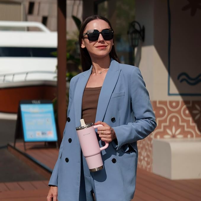 Easy Clean Pro Tumbler - 40 oz Water Bottle with Handle Quick-Disassemble Flip Straw, Leakproof Insulated Stainless Steel, Dishwasher Safe, BPA-Free Gifts for Women & Men