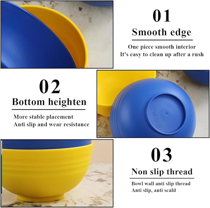 Berglander Plastic Bowls Set of 12 Pieces 25oz, UKR Color Reusable and Sturdy Ramen Bowl, Soup Bowls, Cereal Bowl for Adult, Kids, Home, Restaurant, Garden, Picnic, Camping, Poolside, Outdoor
