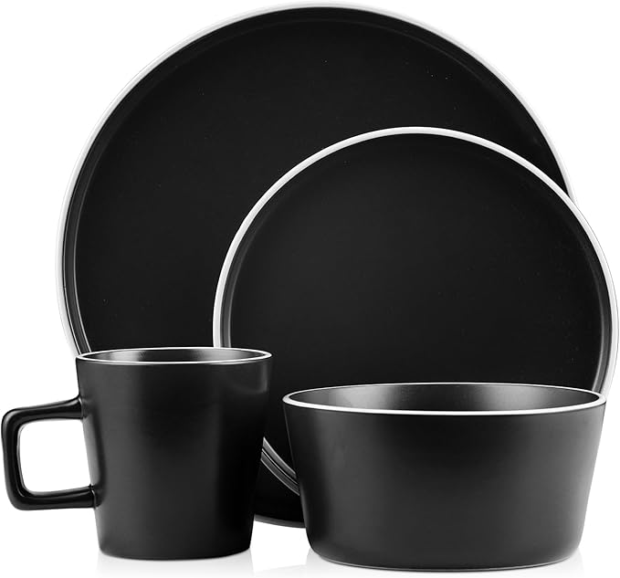 Stone Lain Allison Stoneware Dish Set, 32-Piece Round Dishes for 8, Black and White