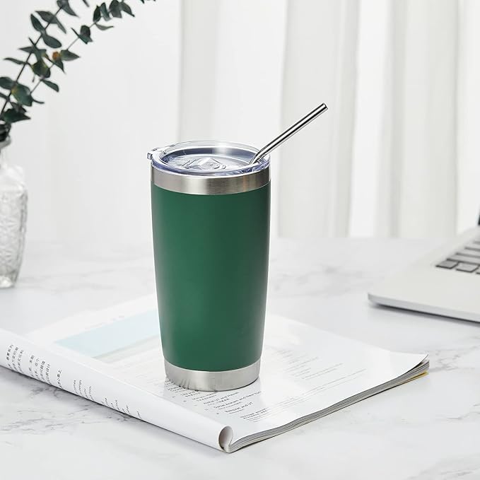 COMOOO 20oz Tumbler Bulk Double Wall Vacuum Insulated Travel Mug, Stainless Steel Tumbler with Lid and Straw Durable Powder Coated Insulated Coffee Cup for Cold & Hot Drinks (Dark Green, 4 pack