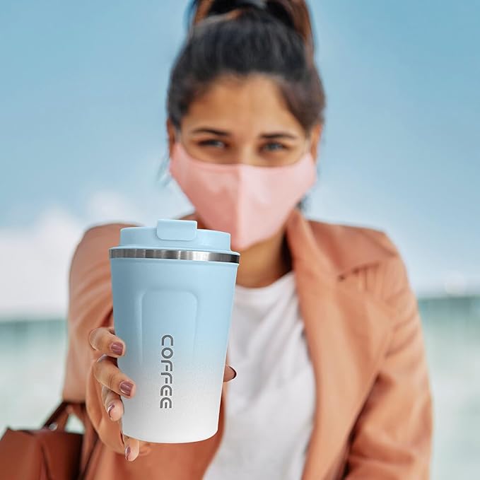 Travel coffee mugs leak-proof, reusable coffee cups with lids, stainless steel vacuum thermos coffee tumblers,thermal insulation cups for men and women hot & cold drinks (2nd-Blue White, 12OZ)