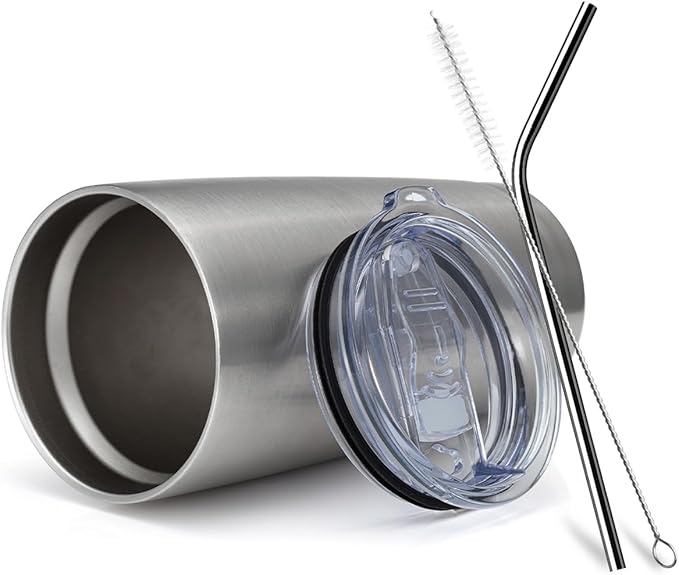 COMOOO 20oz Double Wall Vacuum Insulated Travel Mug, Stainless Steel Tumbler with Lid and Straw Durable Powder Coated Insulated Coffee Cup for Cold & Hot Drinks (Silver. 2 pack