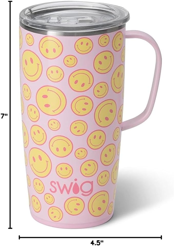 Swig Life 22oz Travel Mug, Insulated Tumbler with Handle and Lid, Cup Holder Friendly, Dishwasher Safe, Stainless Steel, Travel Coffee Cup, Insulated Mug with Lid (Oh Happy Day)