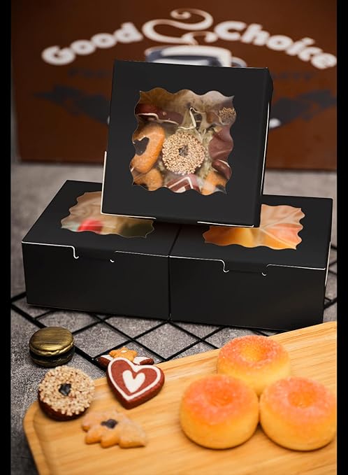 Bakepacker Black Bakery Boxes with Window 6x6x3 inches Thick & Sturdy Macaroon Pastry Boxes Cookie Boxes for Bakerys(60-Packs)