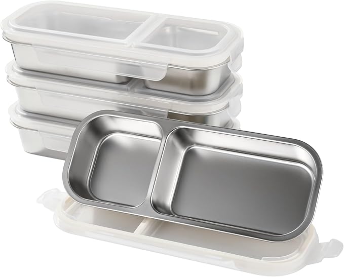 yeesport 4 Pcs Stainless Steel Bento Boxes, 2-Compartment 23.7 fl oz Snack Containers with Leakproof Silicone Seals, Stackable Meal Prep Food Storage Box for Adults & Youngsters