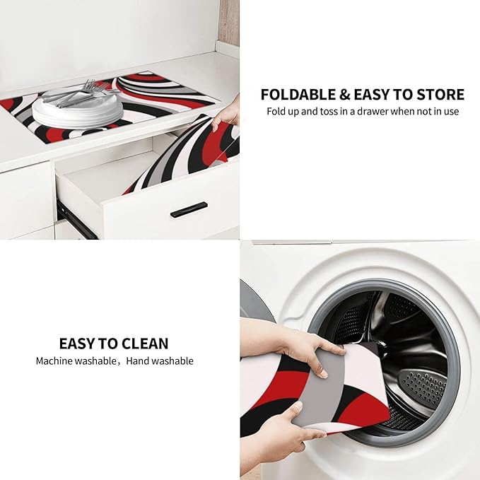 Red Black White and Grey Swirl Microfiber Dish Drying Mats, Absorbent Modern Decorative Kitchen Counter Mat, 18 x 24 inch, Polyester, Washable, Reusable, Foldable, for Dishes Utensils Small Appliances