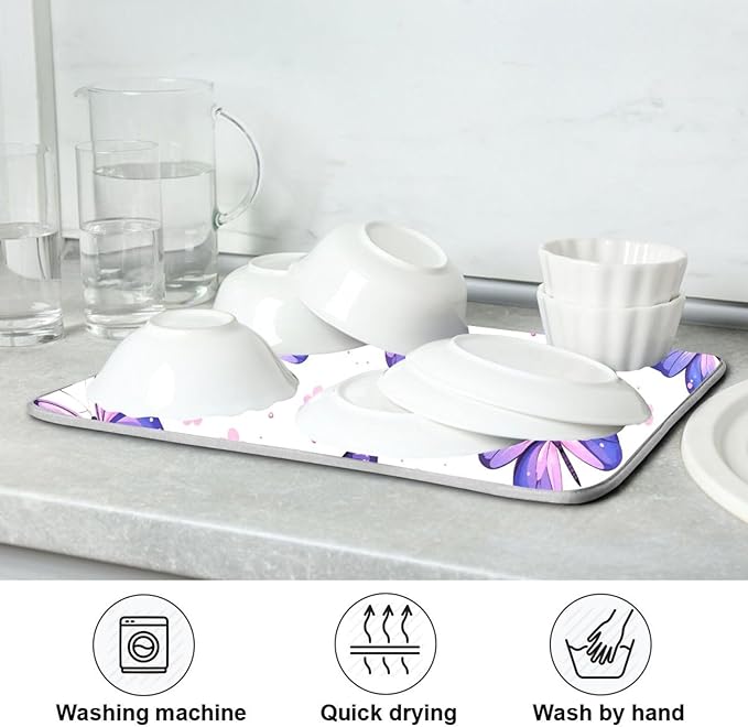 Pink Purple Butterfly Flower Dish Drying Mat for Kitchen Counter Absorbent Dish Drainer Mats Drying Pads 16"x18"
