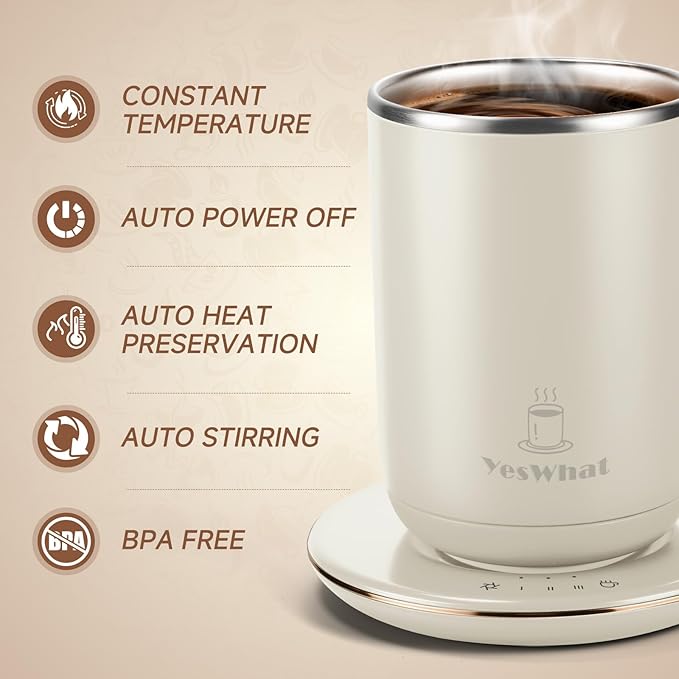 Automatic Self Stirring Coffee Mug with Lid, Smart Temperature Control USB Powered Coffee Milk Cocoa Cup, 11 oz White Stainless Steel Mug Warmer