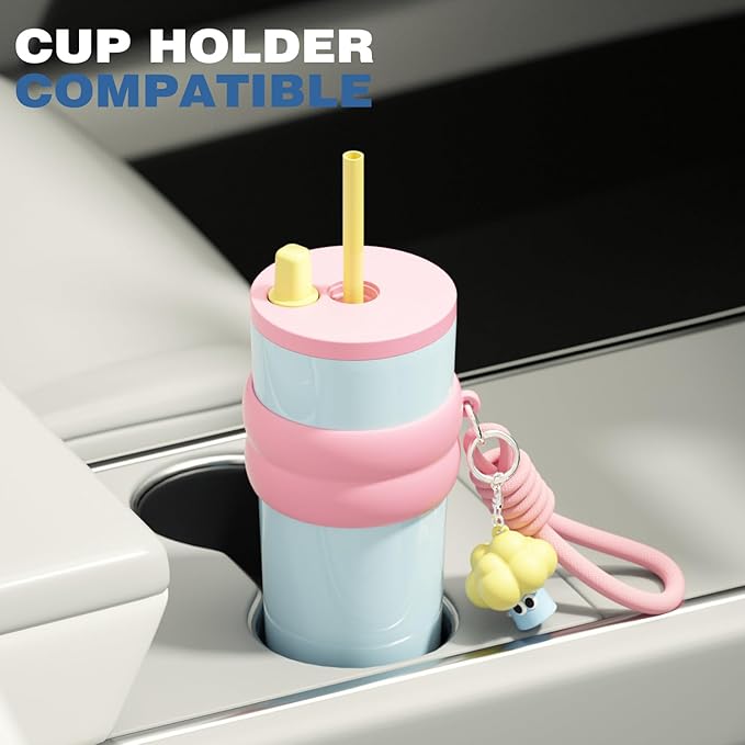 24 oz Stainless Steel Tumbler with Lid and Straw, Insulated Water Bottle Leak Proof for Hot and Cold, Portable Travel Coffee Mug, Reusable Coffee Cup for Women, Blue