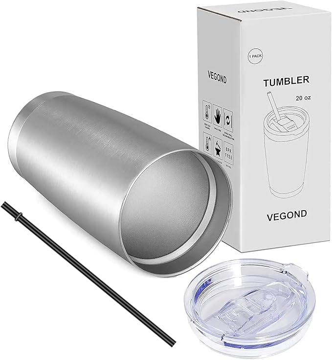 VEGOND 20oz Tumbler with Lid and Straw Stainless Steel Tumbler Cup Vacuum Insulated Double Wall Travel Coffee Mug Powder Coated Coffee Cup(Stainless 1 Pack)