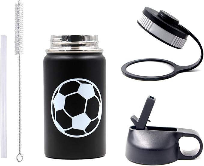 12 oz Soccer Water Bottle, Metal Sports Flask Travel Tumbler with 2 Lids, BPA Free Stainless Steel Leak Proof Double Wall Vacuum Insulated Water Bottles, Soccer Gifts for Boys Girls Player Fans