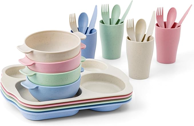 24 Pcs Wheat Straw Dinnerware Cutlery Set, Unbreakable Tableware Set, Bowls, Cup, Cutlery Spoons Knifes Forks, BPA Free, Microwave Dishwasher Safe (Colorful)